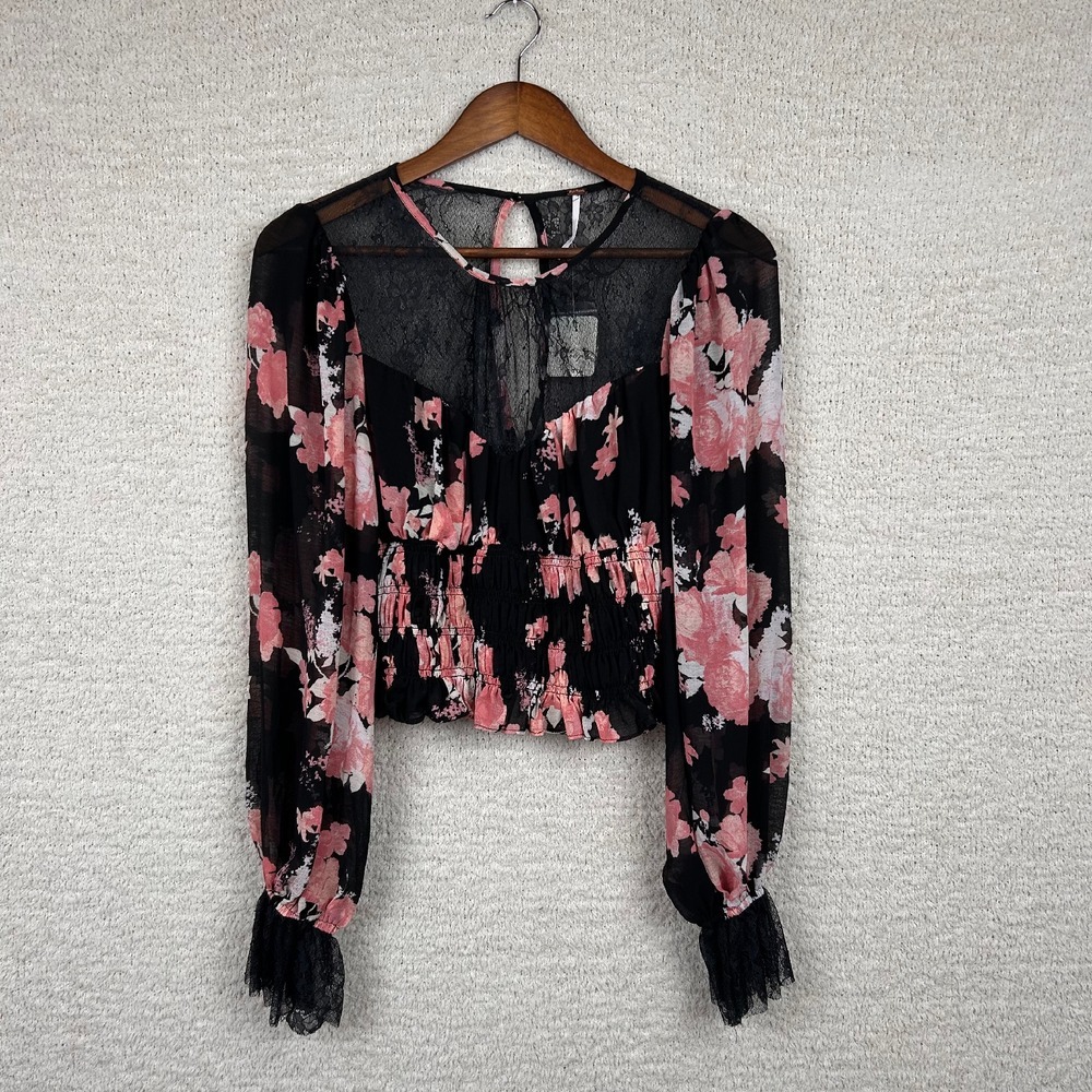 Free People Daphne Blouse Womens Small Midnight Combo Black Pink Floral Crop NWT